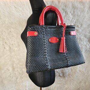 Manos que tejen sueños Black Handwoven Red Leather Handle Trim Mexico Handbag